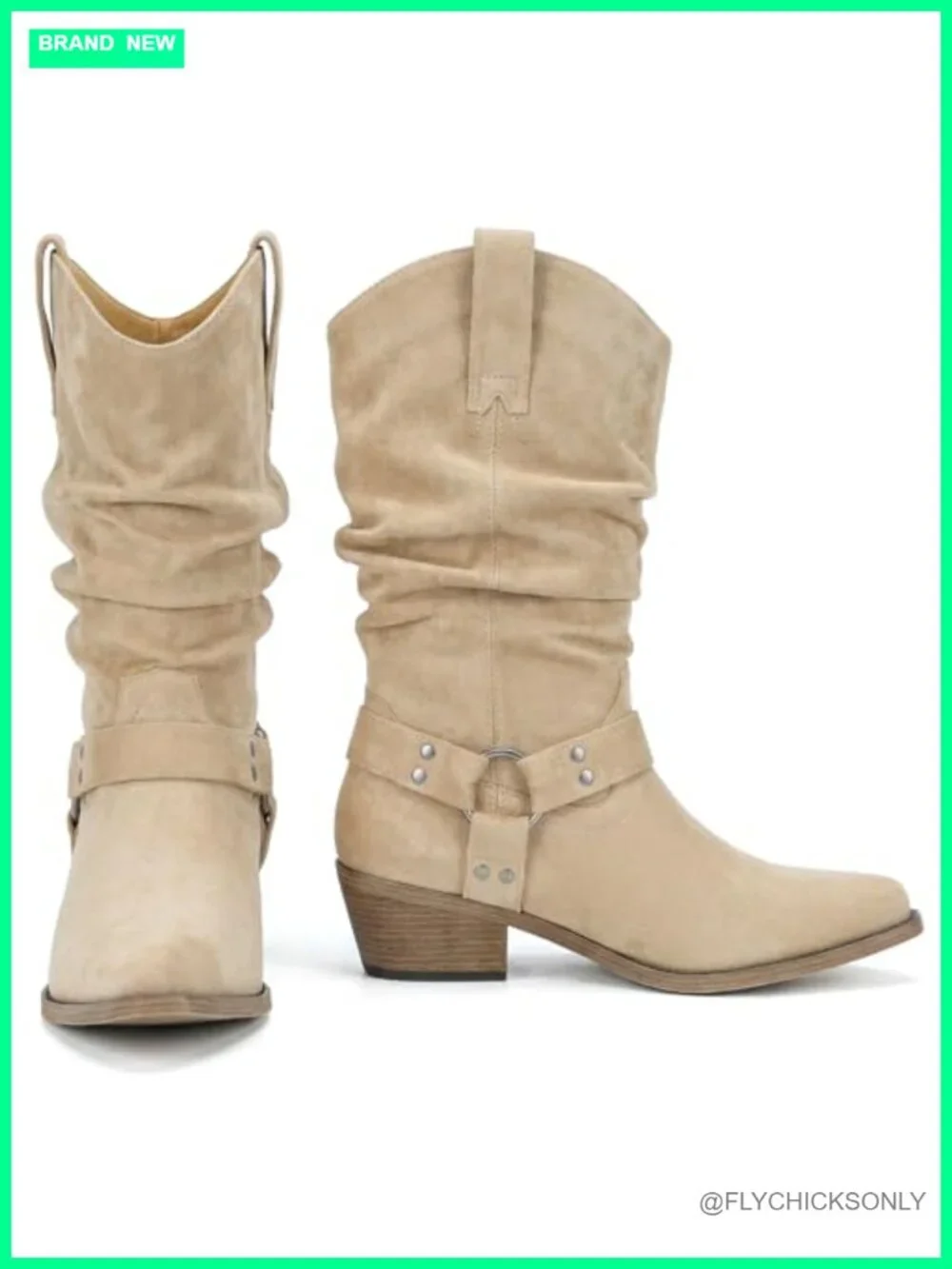 Faux Suede Cowboy Boots Women Mid Calf Slouchy Pointed Toe Western